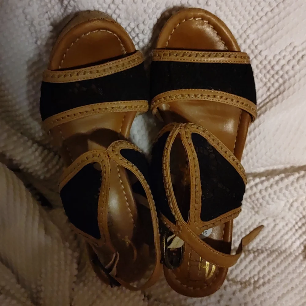 Women’s Black and Tan Wedge Sandals